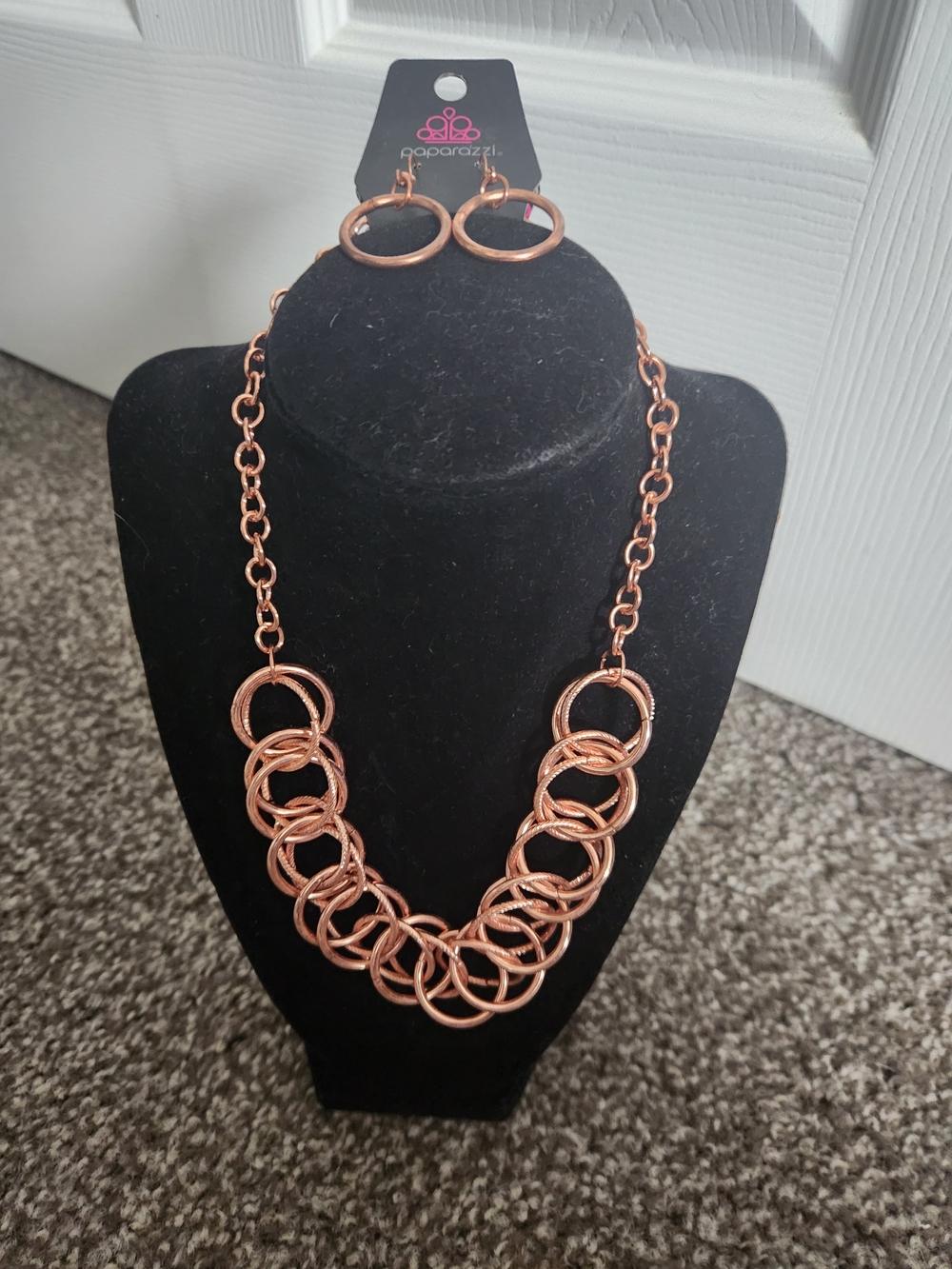 Rose Gold Tone Layered Ring-Link Necklace and Hoop Earrings